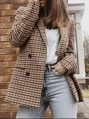 Women's Casual Khaki Plaid Blazer with Pockets | Perfect for All Seasons