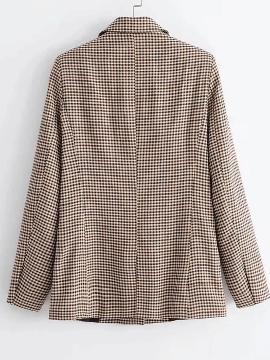 Women's Casual Khaki Plaid Blazer with Pockets | Perfect for All Seasons