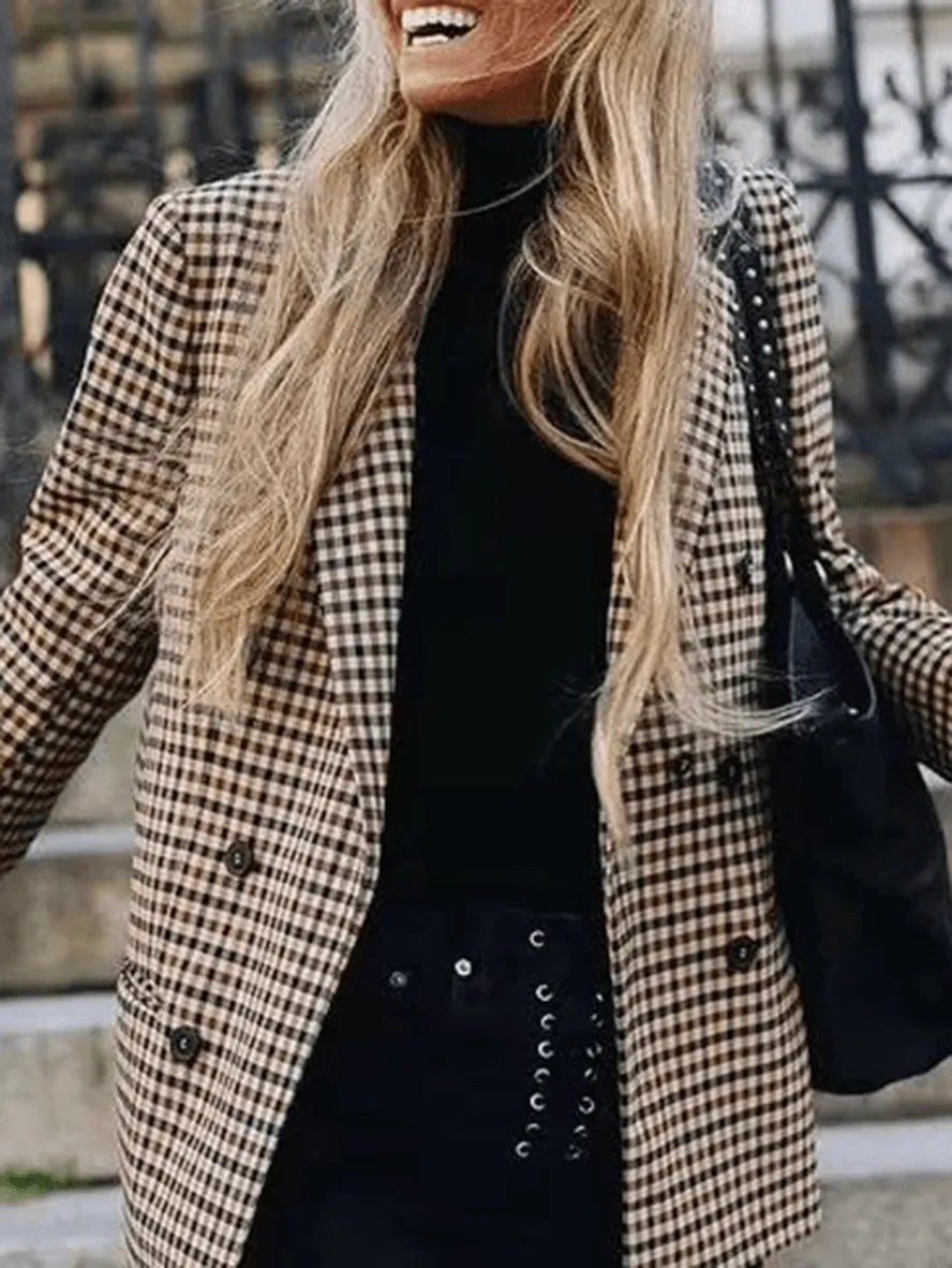 Women's Casual Khaki Plaid Blazer with Pockets | Perfect for All Seasons