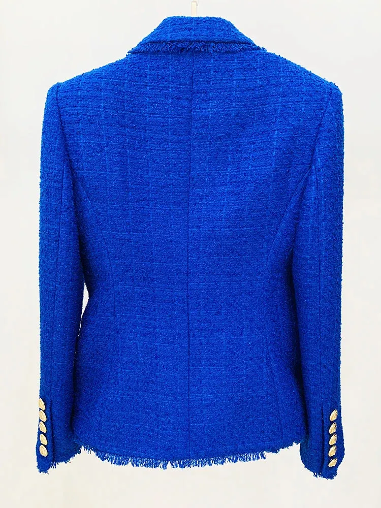 Womens Classic Slim Fitting Double Breasted Lion Buttons Fringed Tweed Blazer