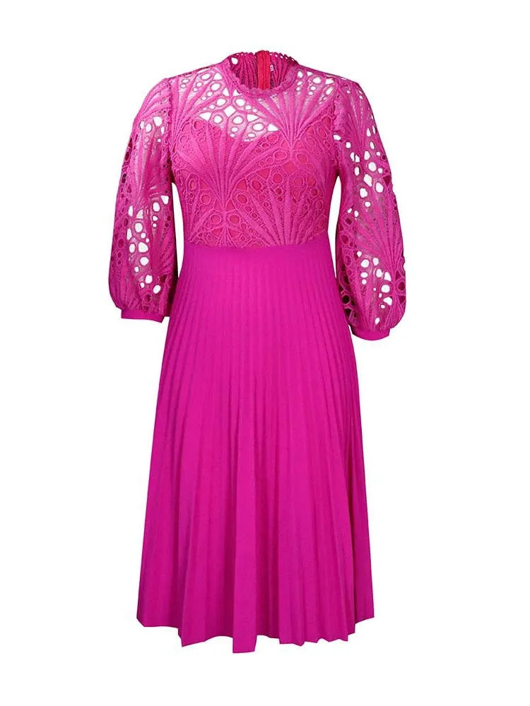 Women's Plus Size Chic Lace Cutout Puff Sleeves Midi Dress