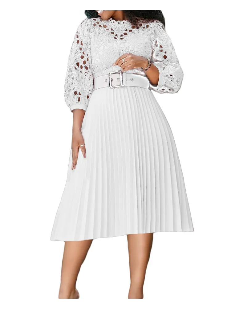 Women's Plus Size Chic Lace Cutout Puff Sleeves Midi Dress