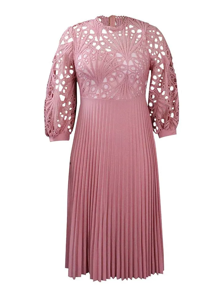 Women's Plus Size Chic Lace Cutout Puff Sleeves Midi Dress