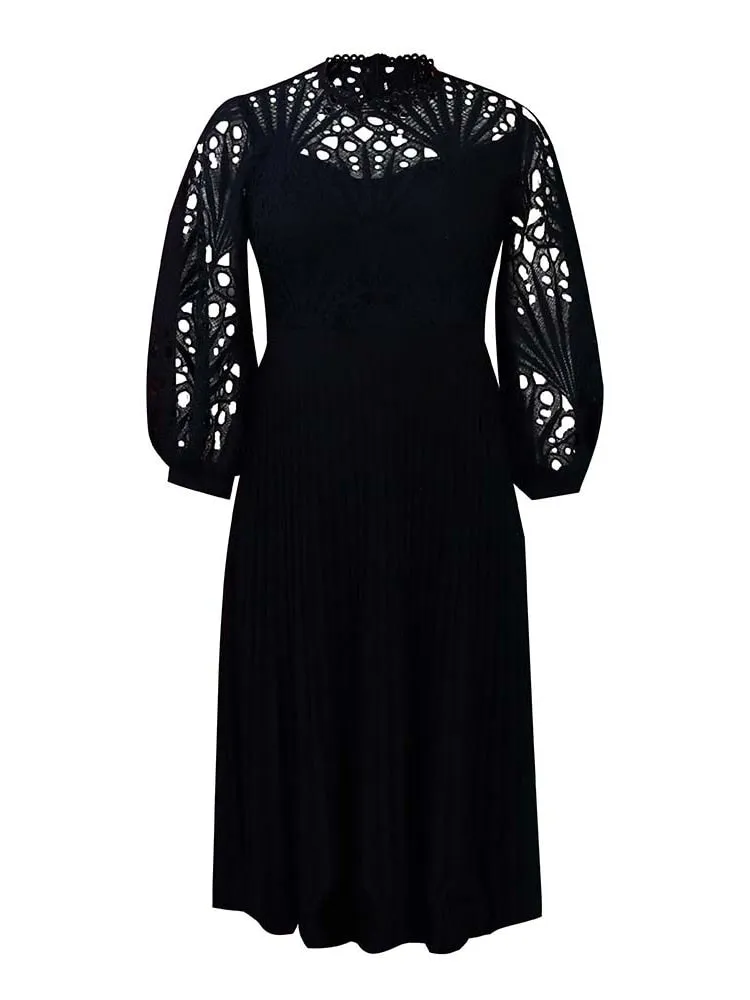 Women's Plus Size Chic Lace Cutout Puff Sleeves Midi Dress