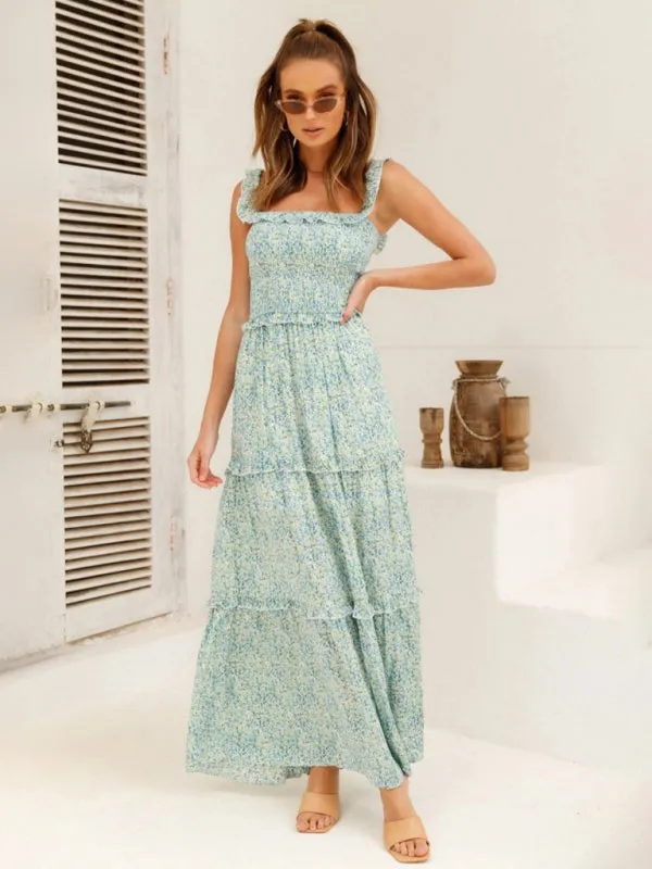 Women's small floral print fresh and sweet bust-wrapped dress