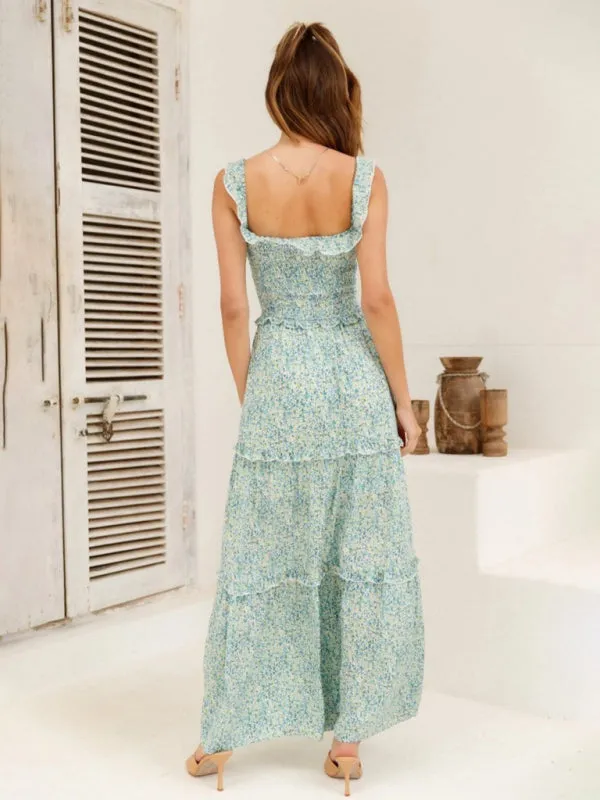 Women's small floral print fresh and sweet bust-wrapped dress