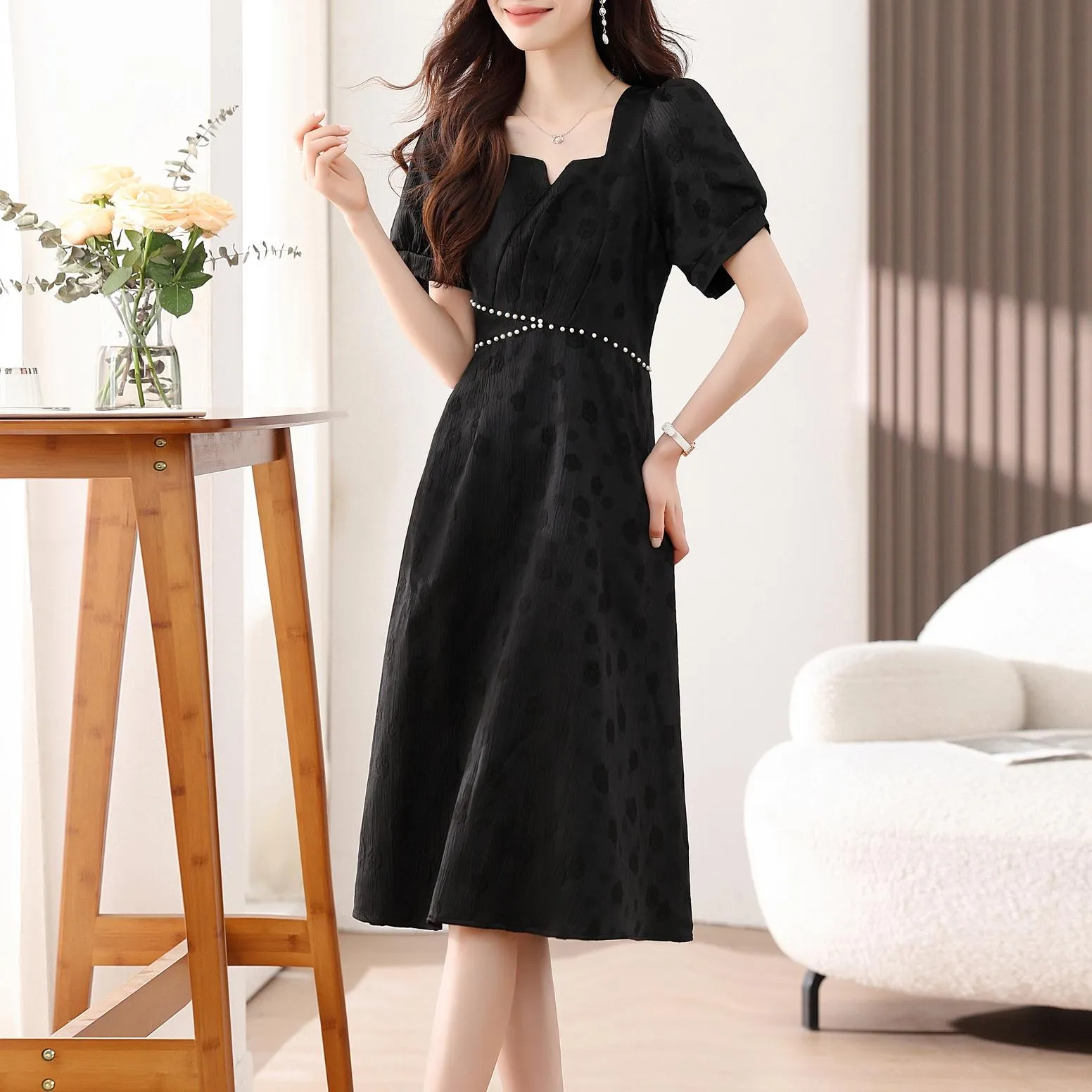 Women's Solid Jacquard Dress Inspired by Audrey Hepburn