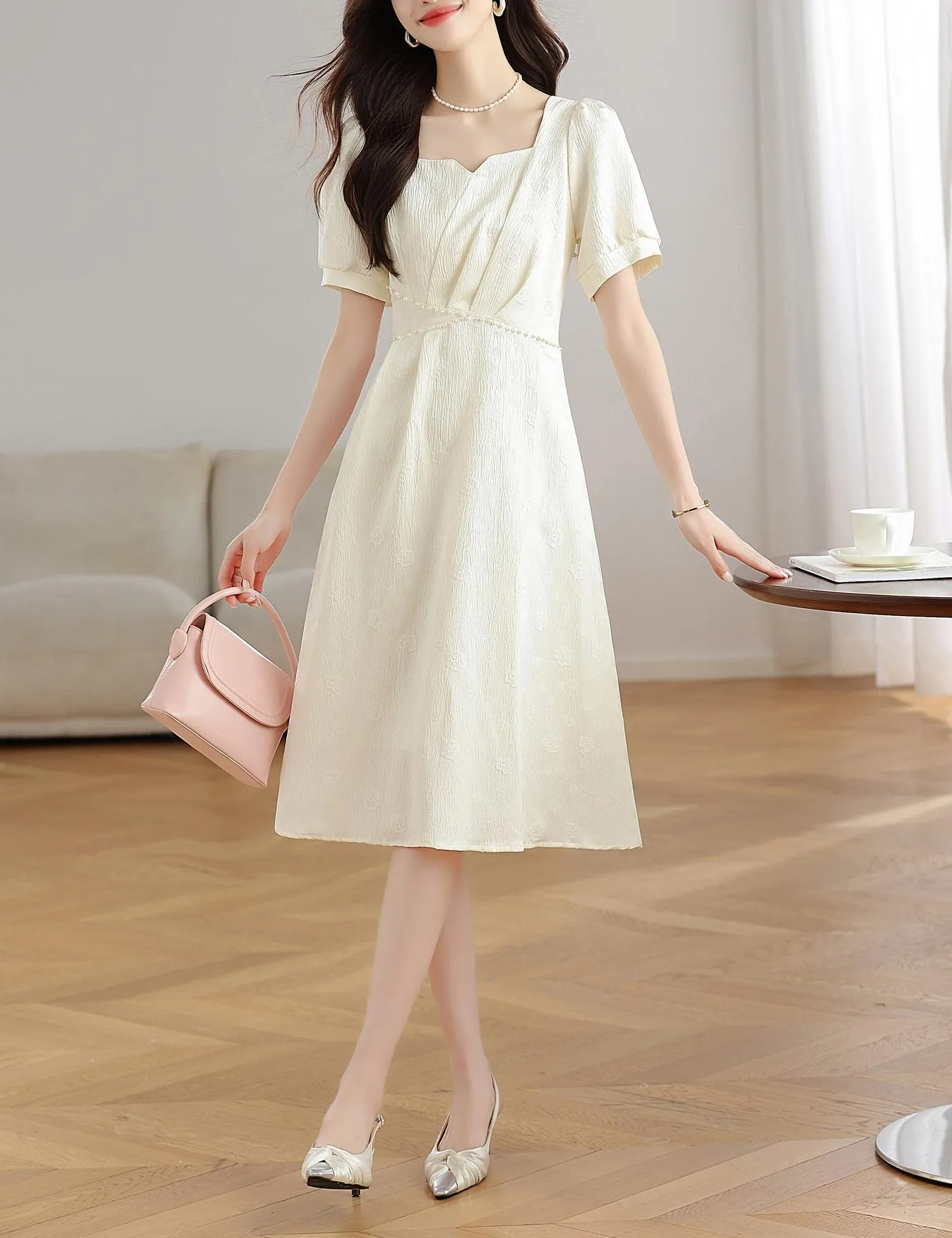 Women's Solid Jacquard Dress Inspired by Audrey Hepburn
