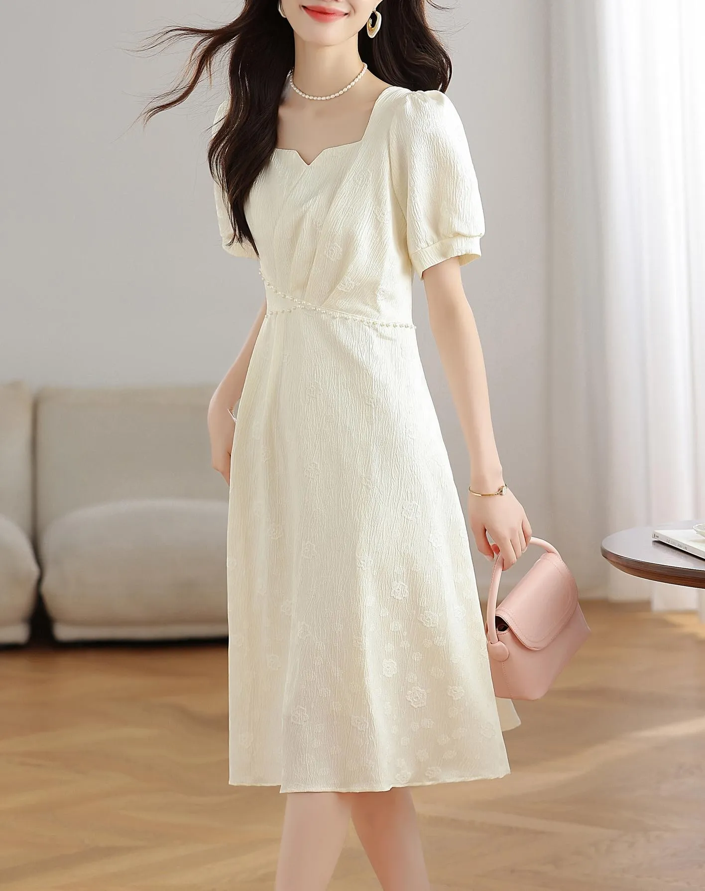 Women's Solid Jacquard Dress Inspired by Audrey Hepburn