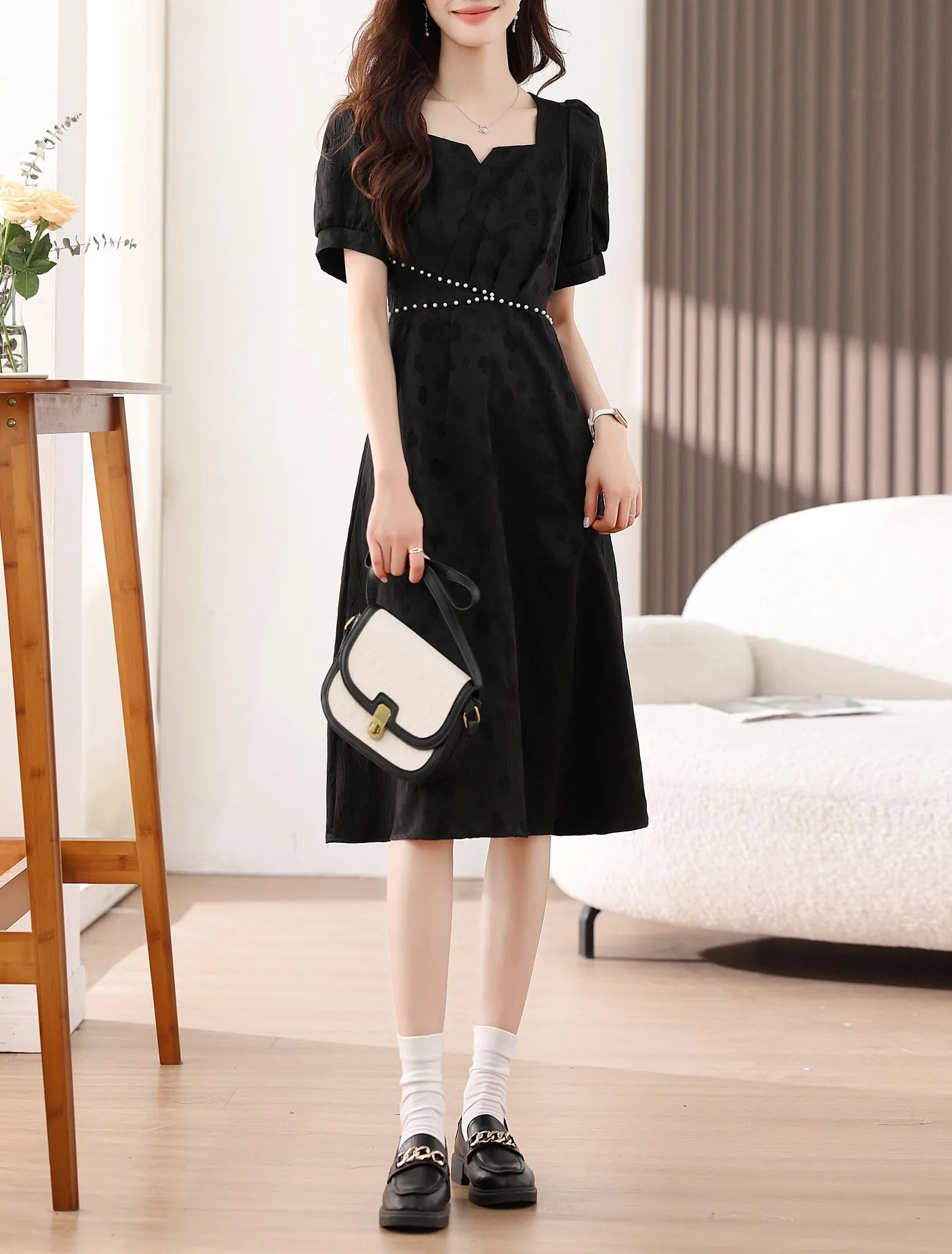 Women's Solid Jacquard Dress Inspired by Audrey Hepburn