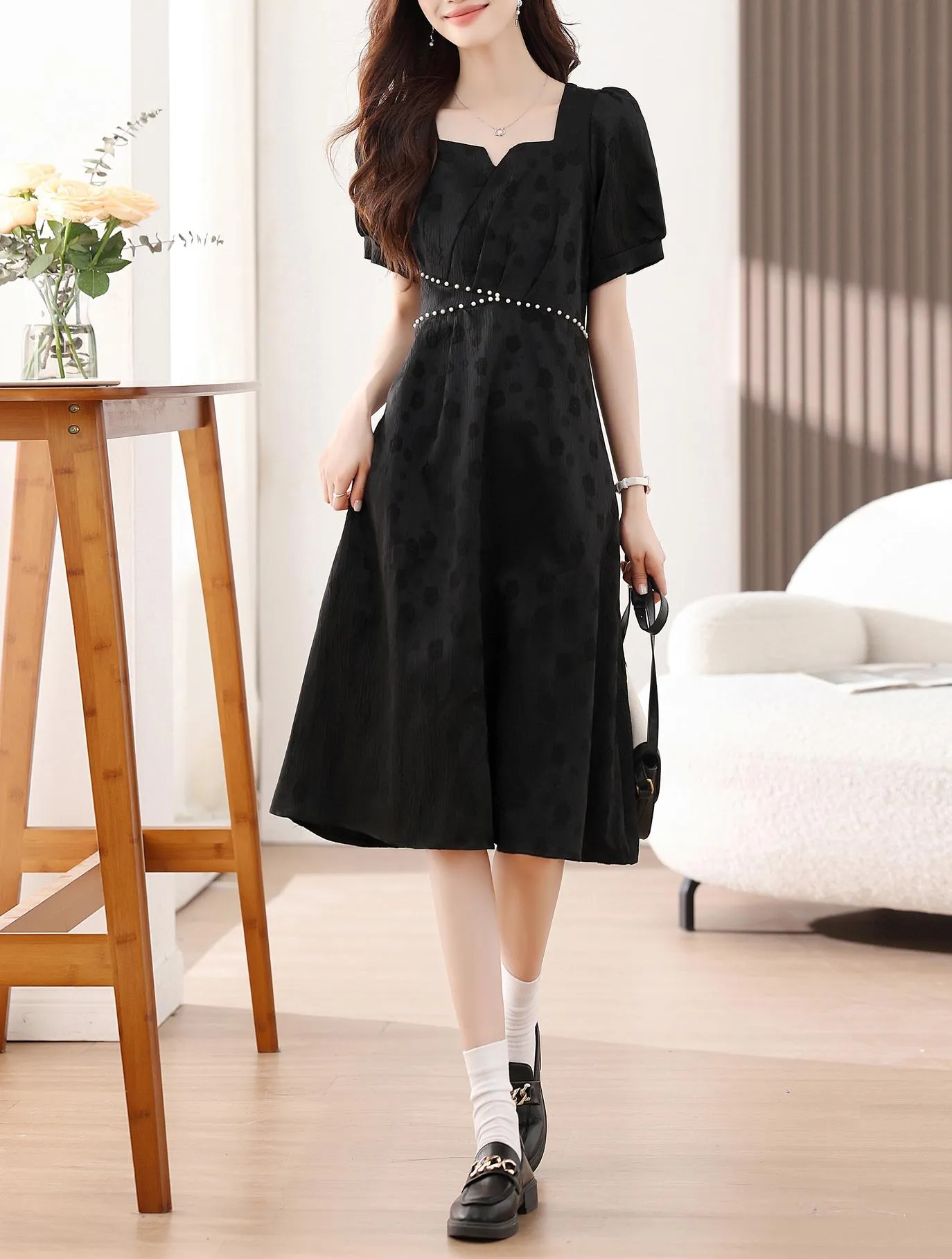 Women's Solid Jacquard Dress Inspired by Audrey Hepburn