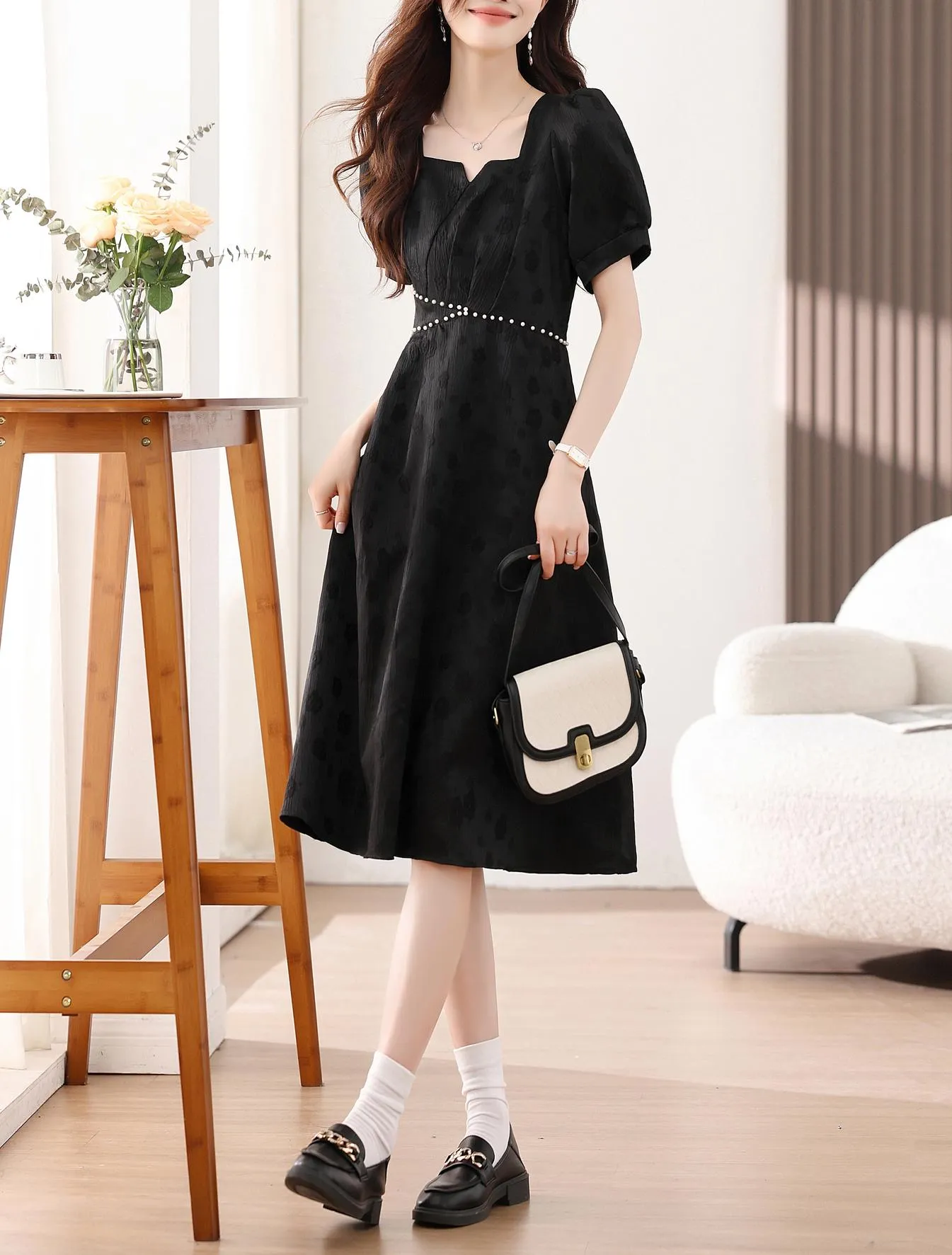 Women's Solid Jacquard Dress Inspired by Audrey Hepburn