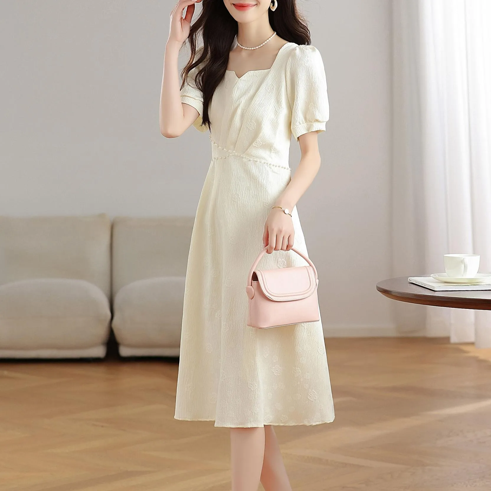 Women's Solid Jacquard Dress Inspired by Audrey Hepburn