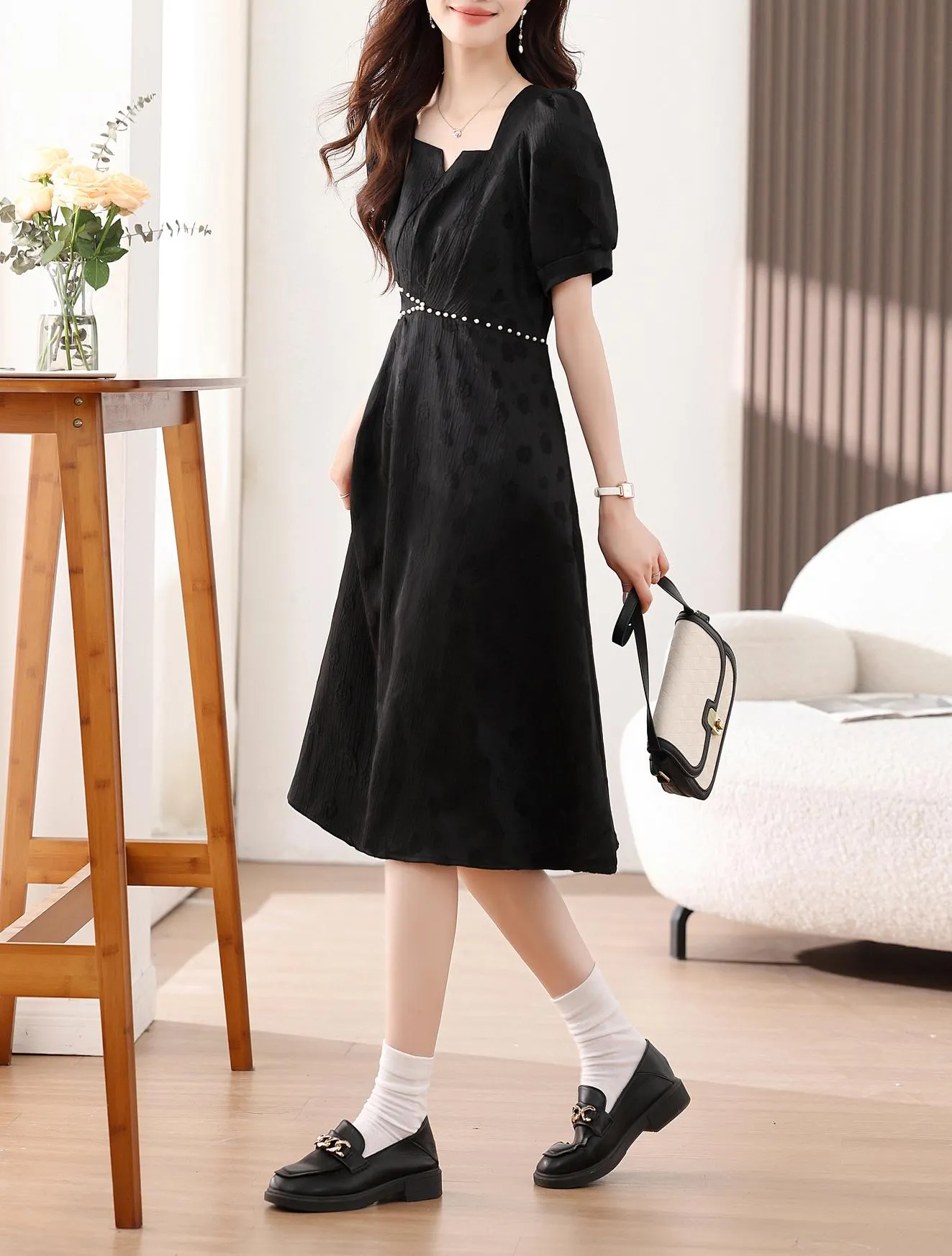 Women's Solid Jacquard Dress Inspired by Audrey Hepburn
