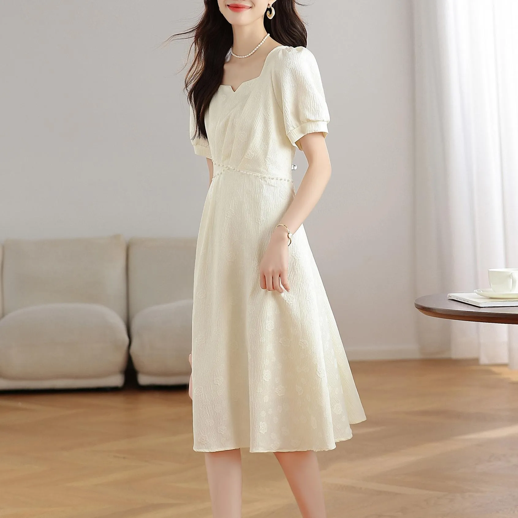 Women's Solid Jacquard Dress Inspired by Audrey Hepburn