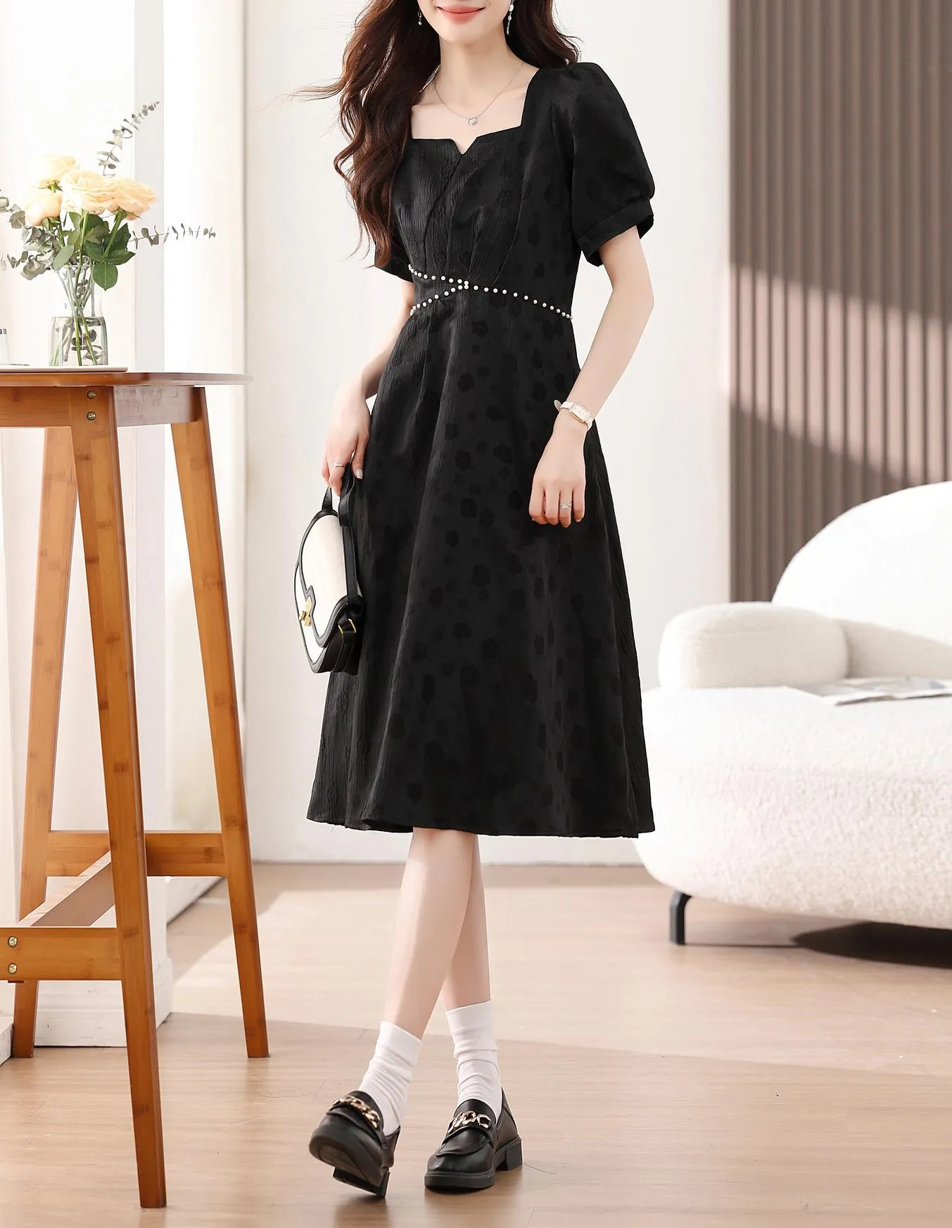 Women's Solid Jacquard Dress Inspired by Audrey Hepburn