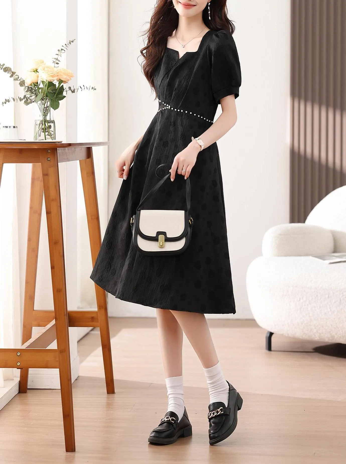 Women's Solid Jacquard Dress Inspired by Audrey Hepburn