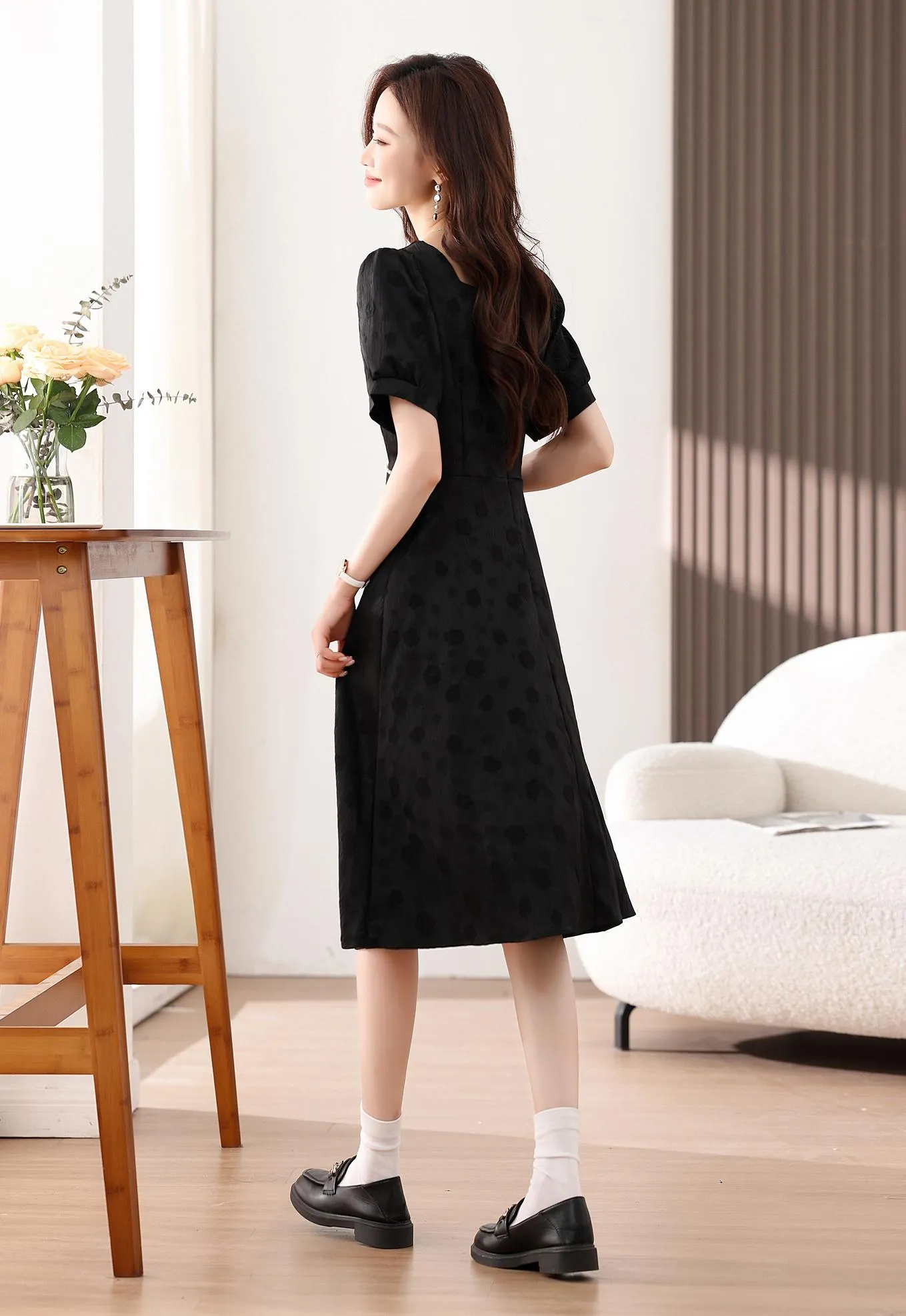Women's Solid Jacquard Dress Inspired by Audrey Hepburn