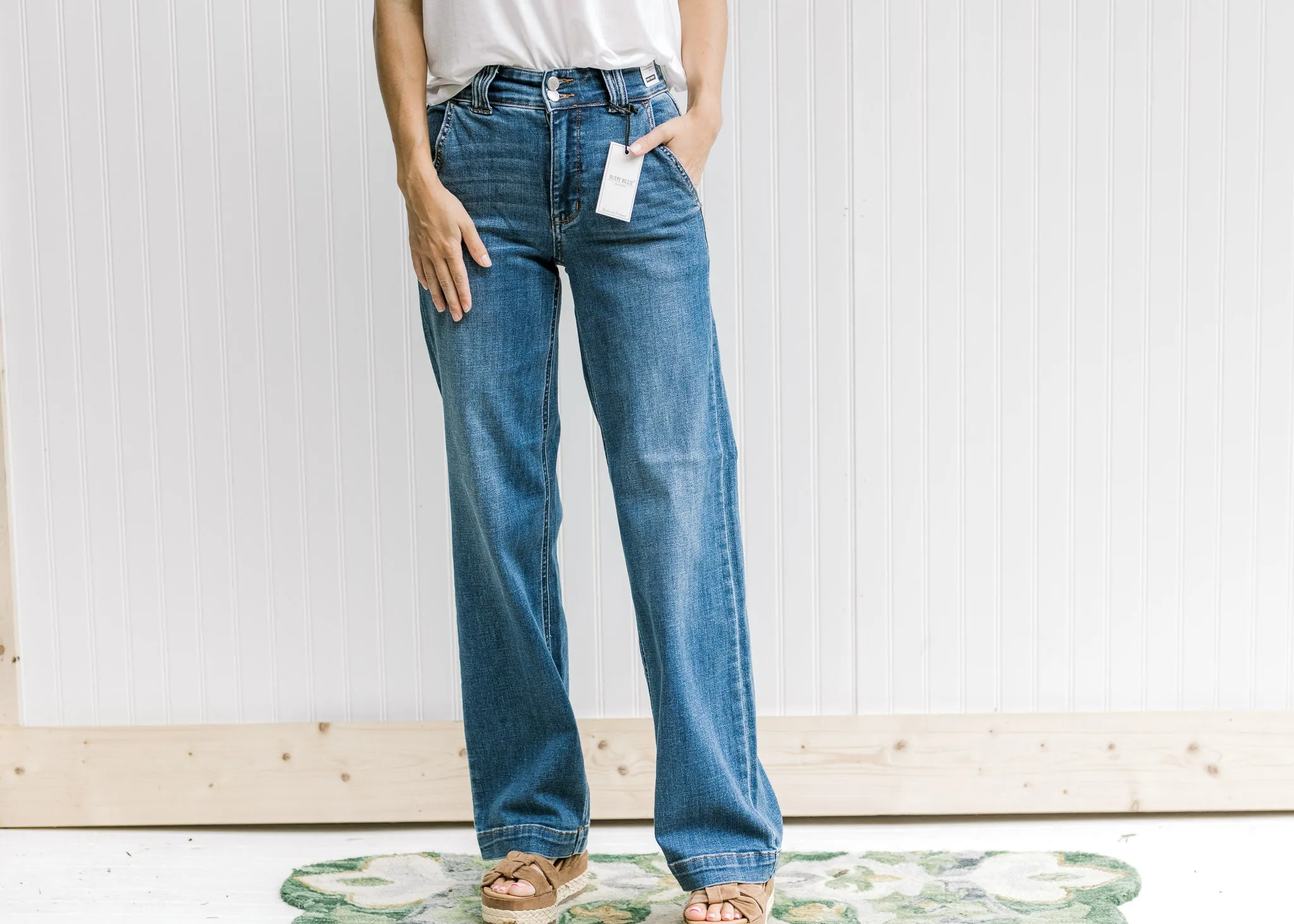 X Judy Blue  Hi Waisted Double Button Wide Leg Jeans