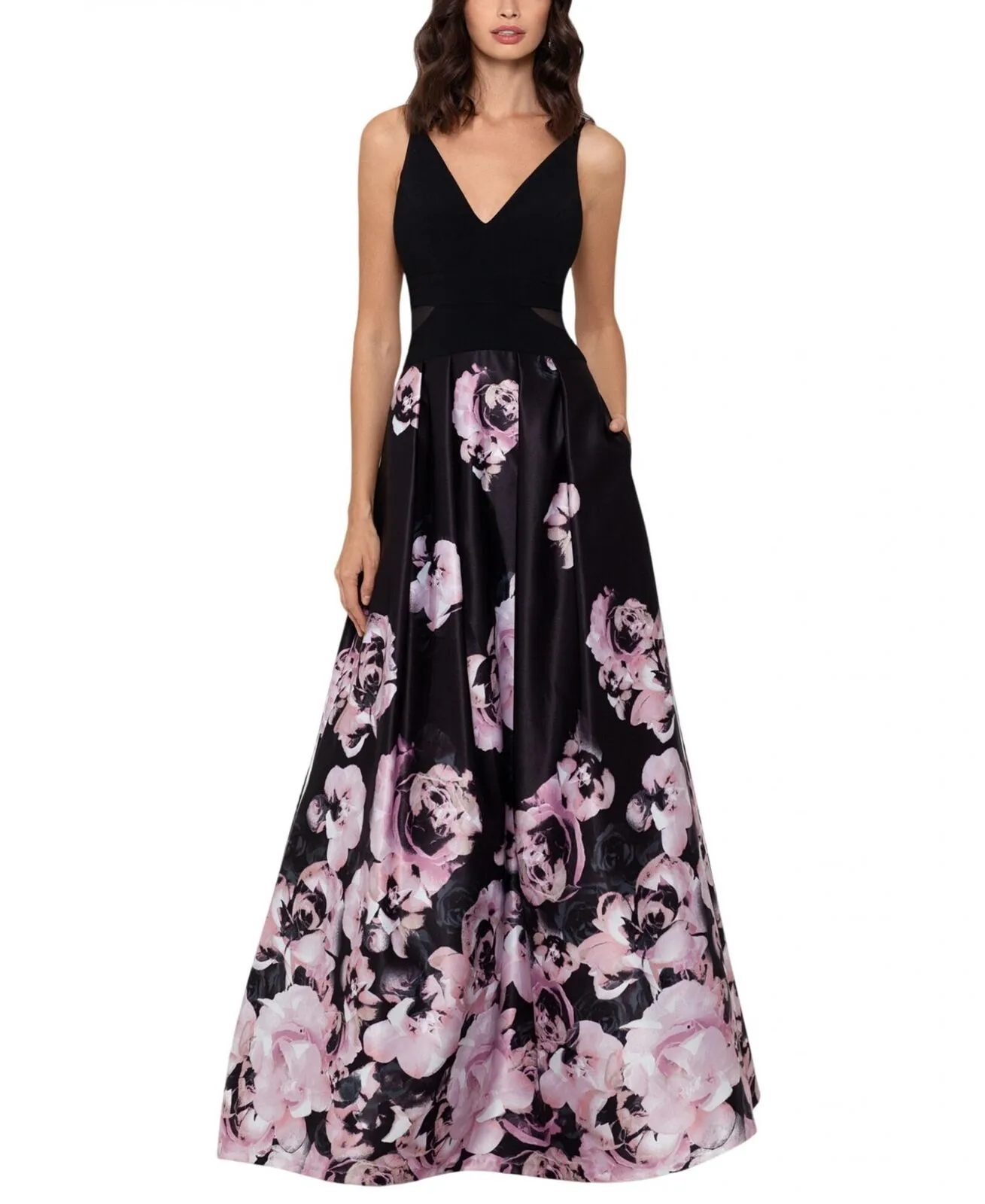 Xscape Womens  Floral Sleeveless V Neck Full-Length Formal Dress XC182 Black 8