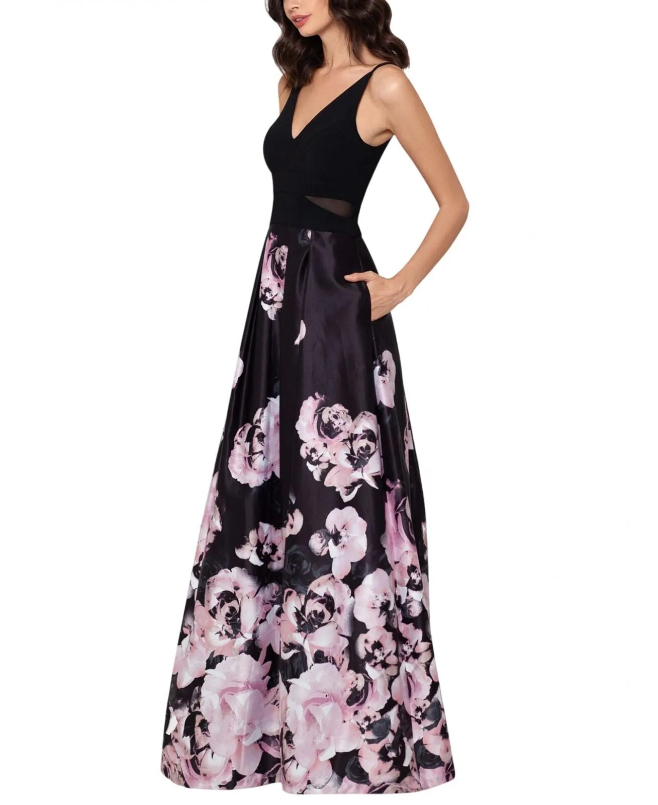 Xscape Womens  Floral Sleeveless V Neck Full-Length Formal Dress XC182 Black 8