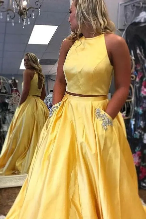 Yellow Two Pieces Halter Prom Dresses With Pocket, Beaded Prom Dress, SP943