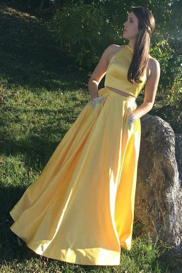 Yellow Two Pieces Halter Prom Dresses With Pocket, Beaded Prom Dress, SP943